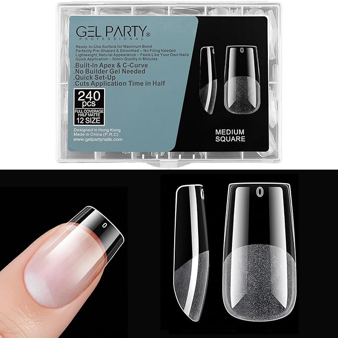 GELPARTY Soft Gel Nail Tips Medium Square - 240Pcs Pre-Buffed Matte Full Cover Tips - No Filing Needed, Soak Off Gel Extension System - Clear False Nails (12 Sizes)