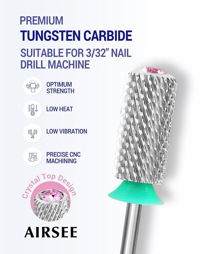 AIRSEE Tungsten Carbide Acrylic Nail Drill Bit Efile Electric File Machine Head Tip for Manicure Polishing Art Remove Gel 3/32" 2 Way Beginner Safety Pink Crystal Top Barrel Coarse-C