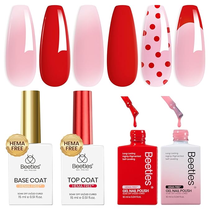 Beetles French Tip Gel Polish - Dusky Rose, 2 Colors Red & Jelly Pink Gel Nail Polish Set with Base Coat Top Coat, Soak Off UV LED French Nail Kit, Spring Nails Complete for Beginner & Professional