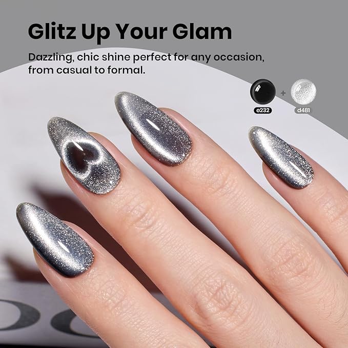 Beetles Silver Cat Eye Gel Nail Polish - 15ML Silver Glitter Cat Eye Gel Polish with Magnet Soak Off UV Velvet Nail Polish Salon DIY Manicure Gift for Women