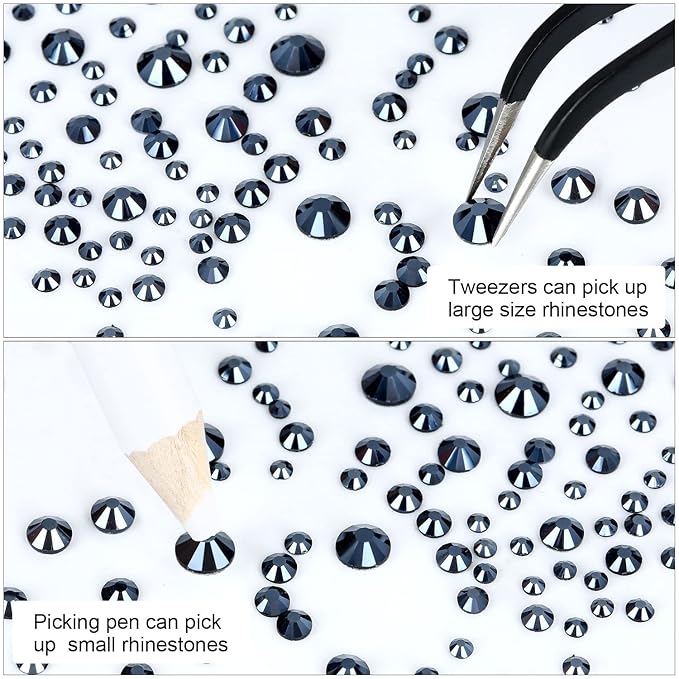4240Pcs Shiny Black Flatback Rhinestones 6 Sizes Crystal Diamonds for Nail Art Crafts Clothes Shoes with Tweezers and Picking Pen