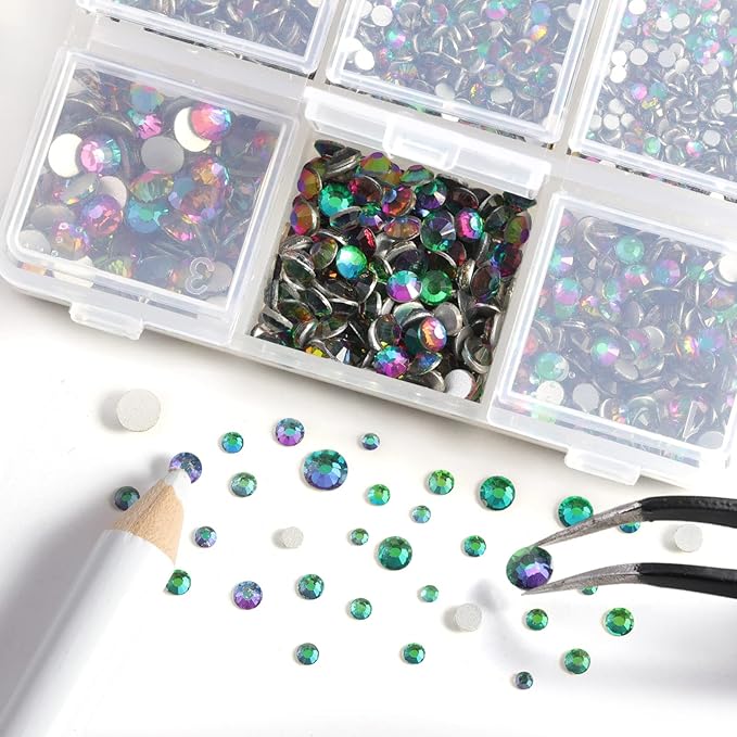 Beadsland 4300pcs Flatback Rhinestones,Green Rhinestones Nail Gems Round Crystal Rhinestones for Crafts,Mixed 6 Sizes with Picking Tweezers and Wax Pencil Kit, SS6-SS20,Green Volcano
