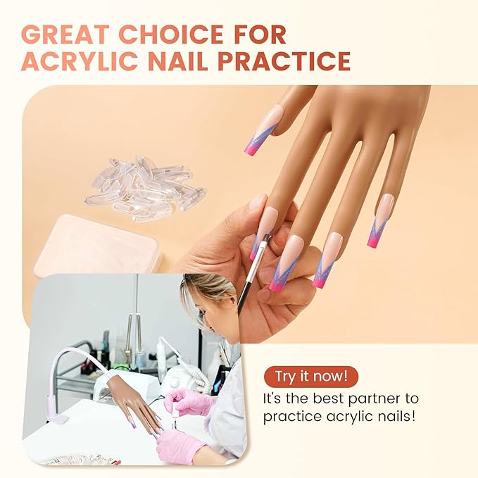 100PCS Replacement Nail Tips for Practice Hand - Clear Refill Acrylic Fake Nail Tips for Silicone Nail Hand Practice