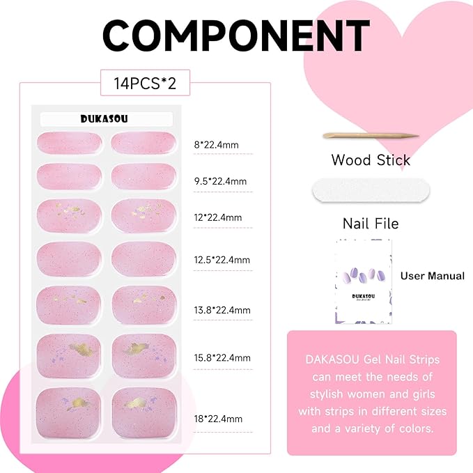 Semi Cured Gel Nail Strips, 28 pcs Gel Nail Stickers Work with Any UV Lights, Long-Lasting Nail Wraps, Stick on Nails for women Easy to Apply & Remove