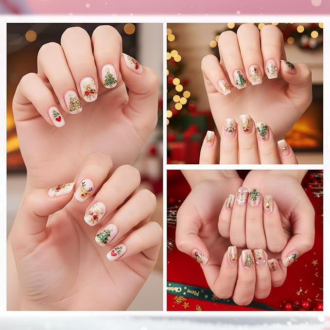 Keluna Christmas Nail Art Stickers - 2Pcs 5D Embossed Shinny Gold Xmas Nail Stickers, Winter Snowflake Nail Decals, Elk Wreath Xmas Tree Nail Decals for Women DIY Manicure Decorations Accessories