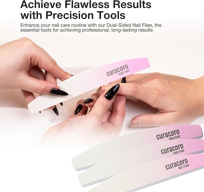 Curacoro 10 PCS Nail File - Professional Half-Moon Nail Files Double Sided Emery Board (80/100 Grit), Washable Nail Files and Buffers, Smooths & Shapes Nails, Manicure & Pedicure Buffing Tools