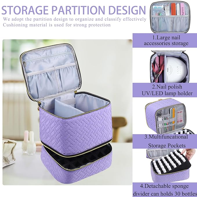 Nail Polish Organizer, Nail Polish Storage Holds 30 Bottles & Nail Lamp, Double Layer Nail Bag Organizer Case, Portable Nail Polish Holder for Nail Tech Travel & Manicure Kit