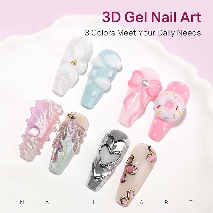 MIZHSE Solid Builder Gel for Nails, Non-Sticky Clear White Pink 3D Nail Art, Sculpting Building Hard Gel with Dual Form Silicone Pen for Carving Patterns Decoration Nail Art Manicure Home DIY