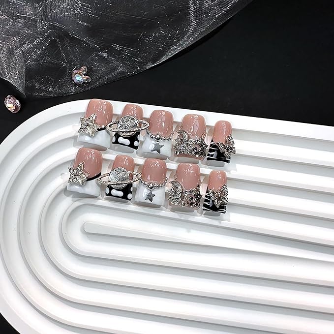 10Pcs Handmade Duck Press on Nails Short Medium Acrylic Fake Nails with 3D Stars Butterfly Rhinestone Design French Tip False Nails Handmade Duck Nails Press ons Holiday Glue on Nail for Women (M)