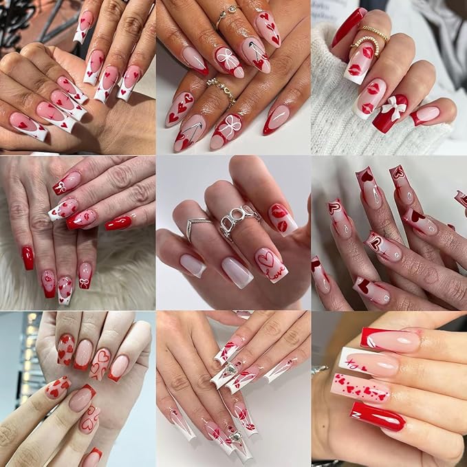 8 Sheets Red Heart Nail Art Stickers Romantic Valentines Nail Stickers 3D Self-Adhesive Love Lips Crown Nail Design Decals French Tip Nails Art Supplies for Women Holiday Decor Valentine Manicure Set