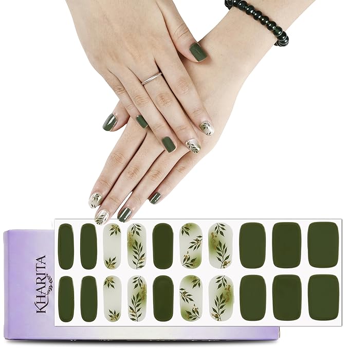 Semi Cured Gel Nail Strips – Real Gel Nails Polish Wraps for Brittle Nails | Waterproof Long Lasting Easy Peel-Off Removal | Hema-Free | 20-Piece Green Floral Salon Kit with File & Stick