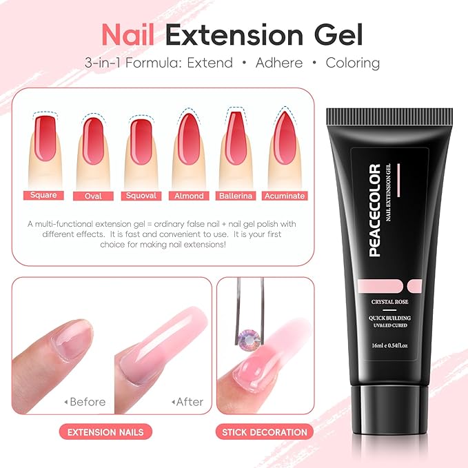PEACECOLOR 24PCS Poly Nail Gel Kit with U V Light 6 Colors Pink White Clear Nude Glitter Nail Extension Gel with Base Glossy & Matte Top Coat Slip Solution Starter Manicure Kit for Women Beginners