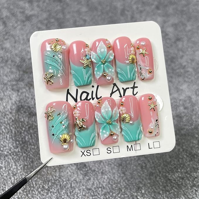 Handmade Press on Nails French False Nails Medium Coffin Fake Nails Gradient Flower Acrylic Nails Full Cover Reusable 3D Starfish Shell Fake Nails for Women Girls Accessories (Size S)