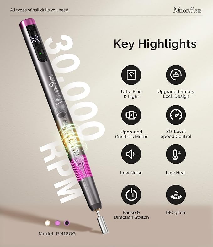 MelodySusie Pen-Shaped Ultra-Slim Cordless Nail Drill,PM180G 30000RPM Portable Rechargeable Electric File with Rotary Lock Design for All Manicure,Shaping & Acrylic Gel Removal for Advanced Home Use