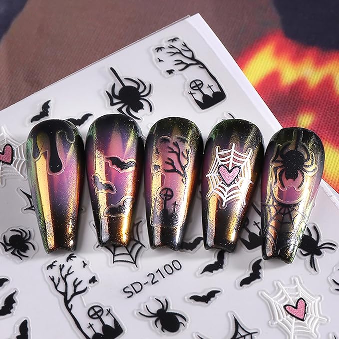 Embossed Halloween White Ghost Nail Stickers Decals Black Spider Web Bat Nail Art Sticker Decal Blood Drop Nails Sticker Self-Adhesive Spider Nails Decal for Women Halloween Decor