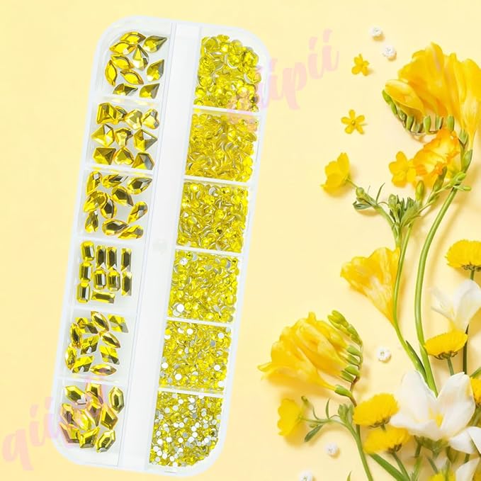 2052Pcs Golden Yellow Nail Rhinestones Kit 72 Multi Shapes Crystal Flatback Lemon Yellow Big Gems Round Beads K9 Glass Stones Diamonds jewels Charms for Nails Faces Eyes Makeup Tumblers Bottles