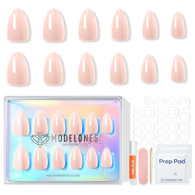 Modelones Chrome Pink Press on Nails, Spring Pearl Short Almond Fake Nails, Reusable Nail Kit with Nail Glue Adhesive Tabs Mini Nail File, Nails Press Ons 32 Pcs 16 Sizes