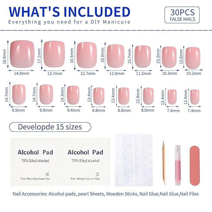 Square Short Press On Nails Pink – 30PCS Glossy Nude Pink Acrylic Fake Nails with Glue, 15 Sizes Reusable Stick On Nails Kit with Tools for Women, Natural Look DIY Manicure Set