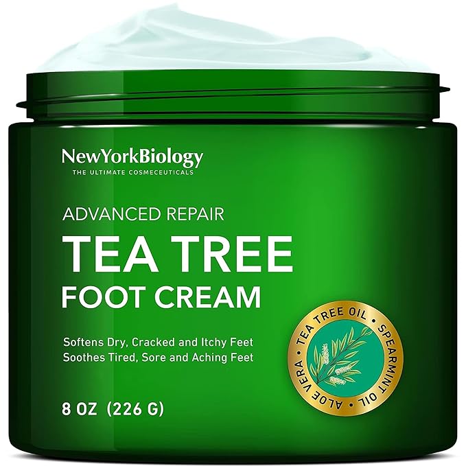 New York Biology Tea Tree Oil Foot Cream for Dry Cracked Feet, Athletes Foot, Nail Fungus, Jock Itch, Ringworm, Cracked Heels and Itchy Skin - Foot Cream - 8 oz
