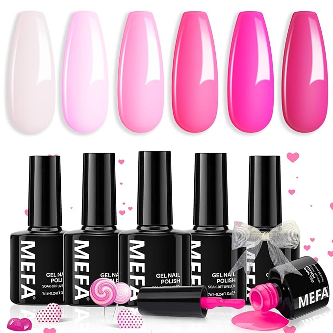MEFA Pink Gel Nail Polish Set 6 Colors, Hot Pink Shades Spring Neon Light Bright Magenta Electric Tones Craze Nail Art Design Salon at Home DIY Manicure Kit Valentines Gifts for Women