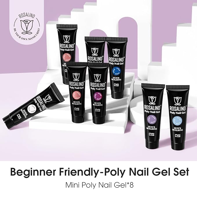 ROSALIND Poly Nail Gel Set, 8 Colors Blue Purple Poly Extension Gel Nail Set, Nude White Poly Nail Gel Kit Builder Nude Gel Extension Kit for Nail Art Easy DIY Gift for Women