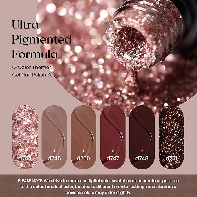 beetles Gel Polish Set Dark Brown Gel Nail Polish 6 Colors Glitter Burgundy Red Gold Black Sparkle Nail Kit Soak Off Led Manicure DIY Home Salon Gifts for Girls Women Academia Aesthetic