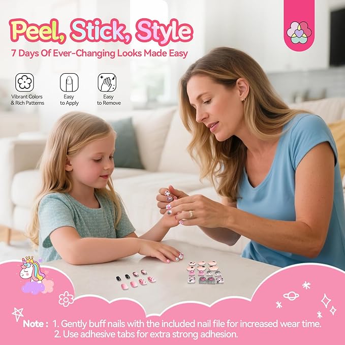 SAVILAND Glamkids Press on Nails for Kids: 7 Days Of Ever-Changing Looks Kids Press on Nails Gentle Fake Nails Pre Glue Full Cover Nails for Christmas Gift Party PlayfulNails
