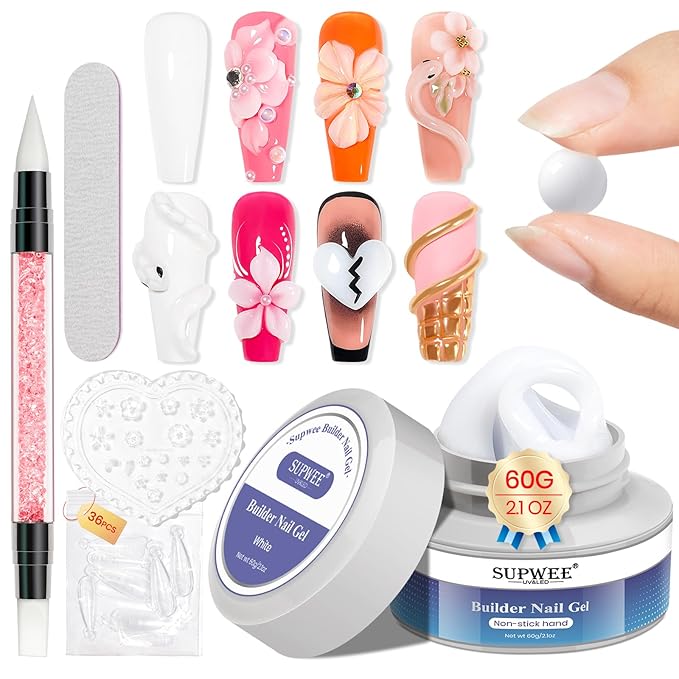 Solid Builder Gel for Nails, White 60g/2.1oz, 3D Sculpting Gel for Nail Art, No Stick Hand Hard Gel for Nail Extension, Nail Carving, 5D Patterns, Embossing Nail Decoration Soak Off UV LED