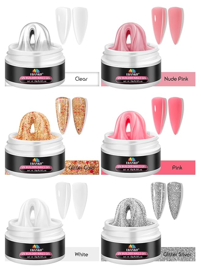 EBANKU Solid Builder Gel for Nail- 6 Colors Gold Hard Gel for Nails Extension Non-Sticky Long-Lasting Solid Gel Kit with 3D Silicone Mold for Valentine Carving Nail Art Salon Home Use