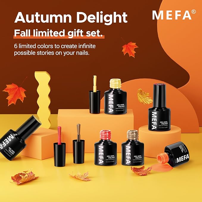 MEFA 6 Colors Gel Nail Polish Set, Shades Orange Red Brown Glitter Yellow Soak Off Gel Polish Spring Summer Tones Nail Art Design Salon Home Manicure Kit Gifts