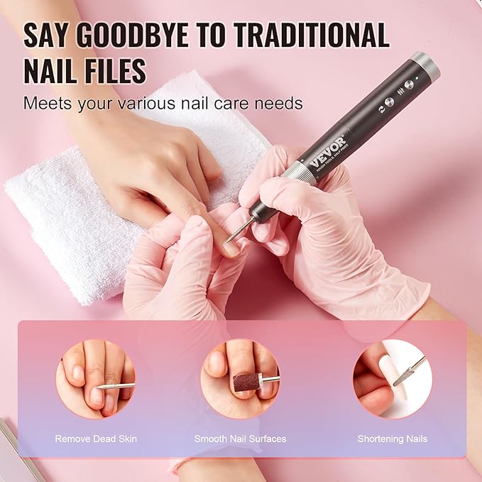 VEVOR Electric Cordless Nail Drill, 30,000RPM Variable-Speed Rechargeable Nail E File Machine, Nail Surface Smooth, Portable Manicure Pedicure Polisher with 50PCS Sanding Bands for Dead Skin Removal