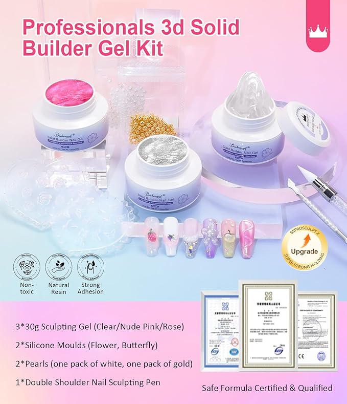 Solid Builder Gel for Nails BISHENGYF: 30g Sculpting Gel Non-Sticky Clear Rose Sliver Aurora Glitter 3D Nail Art Hand Carving U V/LED Extension with 3D Mold Art