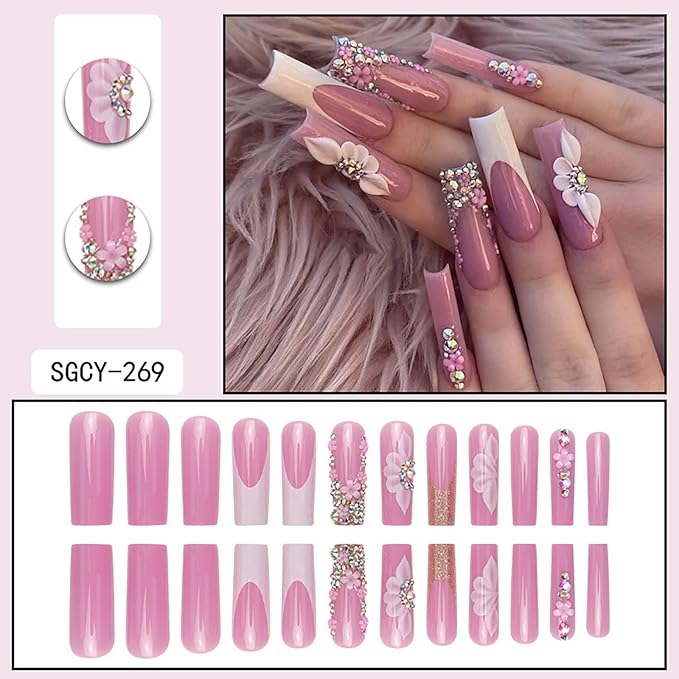 Long Square Press on Nails French Tip Fake Nails Pink False Nails with Flower Designs Glue on Nail Glitter Glossy Rhinestone Acrylic Nails Full Cover Artificial Nail for Women Manicure 24Pcs