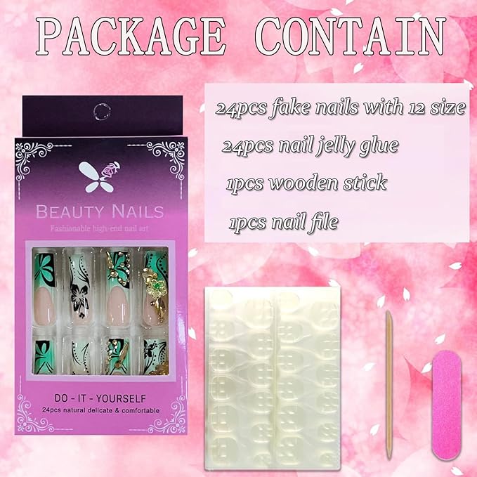 Press on Nails Coffin Long Length Acrylic Glossy Full Cover Square Shaped French False Nails with Designs Artificial Extra Long Fake Nails with Charms Glue ons Fingernails for Women(AS25)
