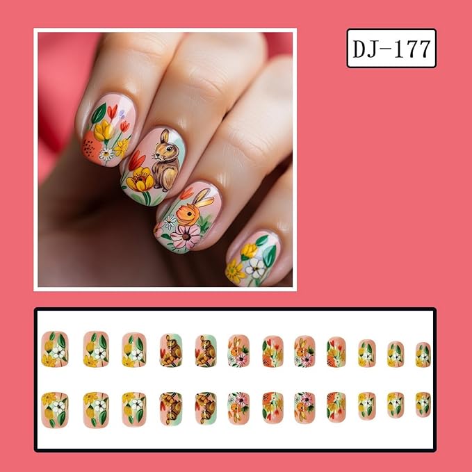 Easter Fake Nails Festive Short Square Press on Nails with Cute Bunny Colorful Flower Designs Glossy Pink False Nails Full Cover Spring Easter Rabbit Acrylic Nails Stick on Nails for Women 24 Pcs