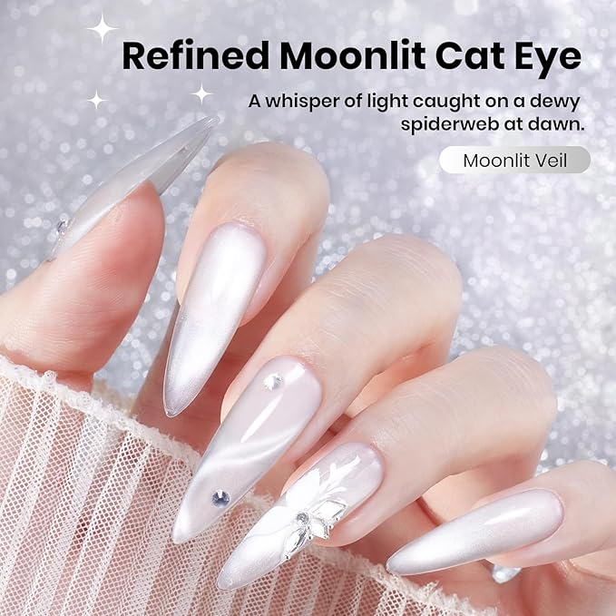 Beetles Moonlit Veil Clear Cat Eye Gel Nail Polish - 15ML Glassy Silver Cat Eye Glitter Gel Polish with Magnet Soak Off UV Nail Art Salon DIY Manicure Gift for Women