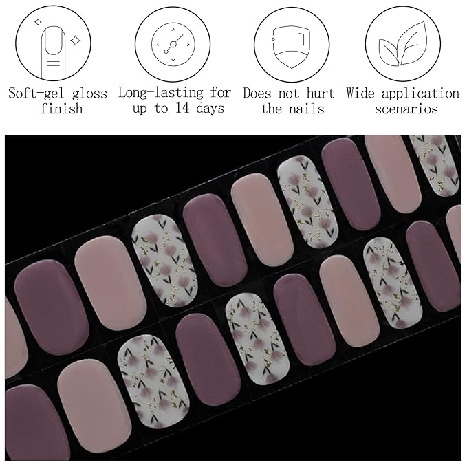 Pink Purple Semi Cured Gel Nail Strips 20Pcs Summer Flower Gel Nail Stickers UV/LED Light Needed Full Polish Self Adhesive Nails Wraps with Design Glossy Nails Polish Strips for Women