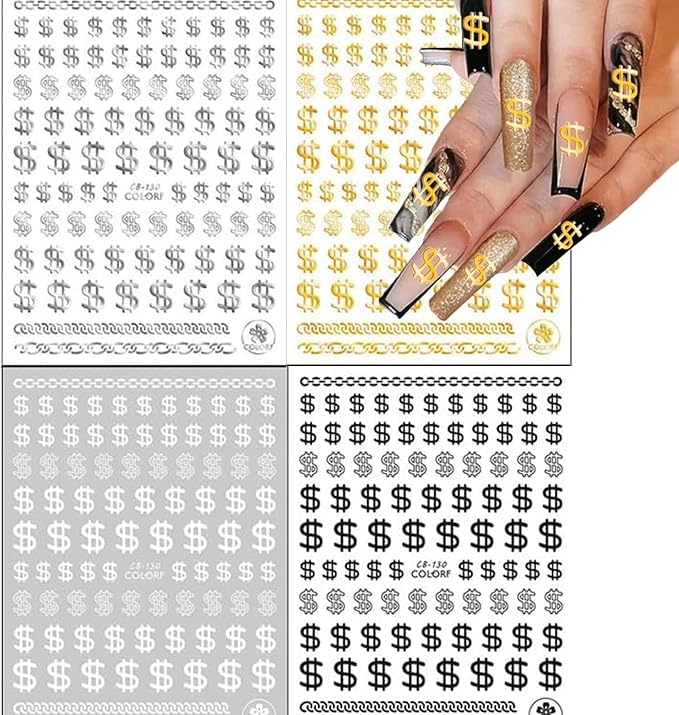 Dollar Nail Stickers 12Sheets Money Nail Art Stickers Decal 3D Self-Adhesive Money Dollar Nail Decals Pegatinas Uñas DIY Black White Gold Silver Design Nail Stickers for Women Girls Manicure…