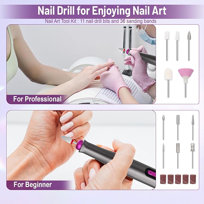 Electric Nail Drill Professional, 35000RPM Cordless Acrylic Nail Kit for Nail Polish Remover, Electric Nail File Buffer Grinder, Nail Filer Electric Manicure and Pedicure kit (Matte Gray)