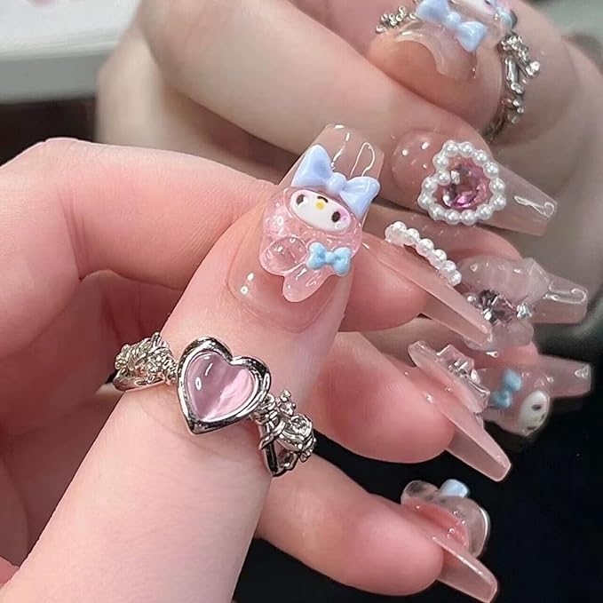 Thick Gel Press On Nails,Pink Acrylic Handmade Square Fake Nails, Reusable Cute Rabbit Kawaii Luxury Glue On Nails Set With Application Tools,10 pcs Size L,#949