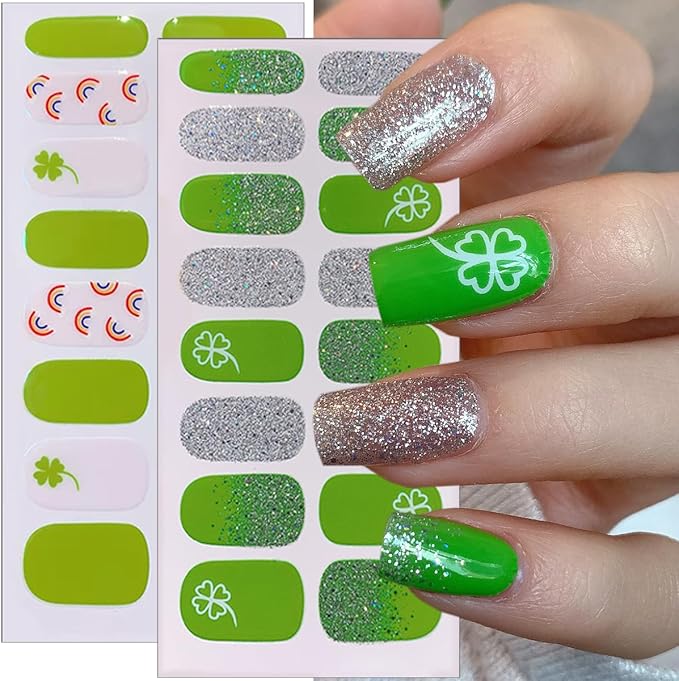 6 Sheets Glitter St. Patrick's Day Gel Nail Stickers Green Shamrock Nail Polish Stickers 3D Self-Adhesive Luck Clover Rainbow Nails Art Designs Irish Full Wraps Gel Nail Strips for Women Acrylic DIY