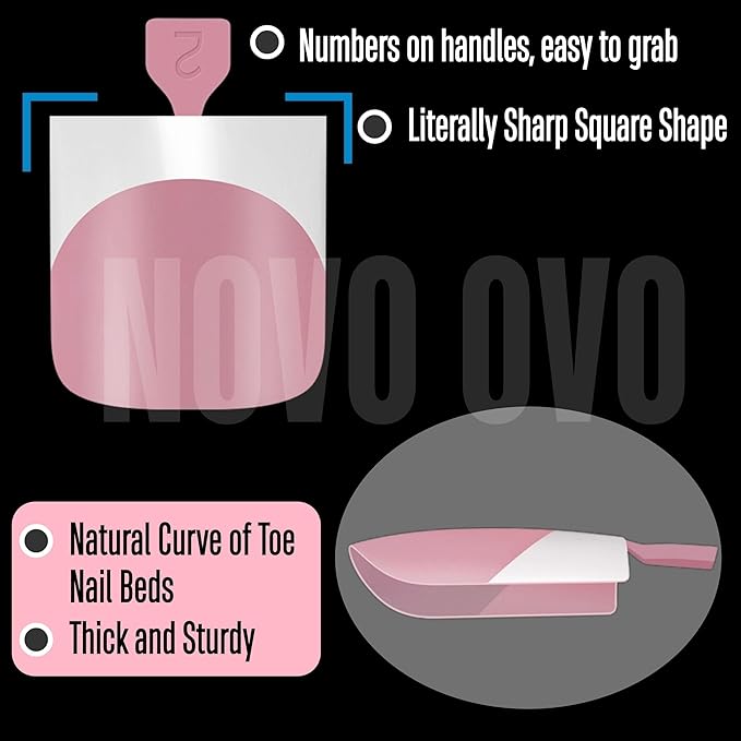 NOVO OVO French Tip Toe Nail Tips Press on, Sharp Square Pre-Designed Soft Gel False Toenail Extension, BERRY PINK Pre-applied Tip Primer & Base Coat, Full Cover Acrylic for DIY x 15 Sizes 240 pcs