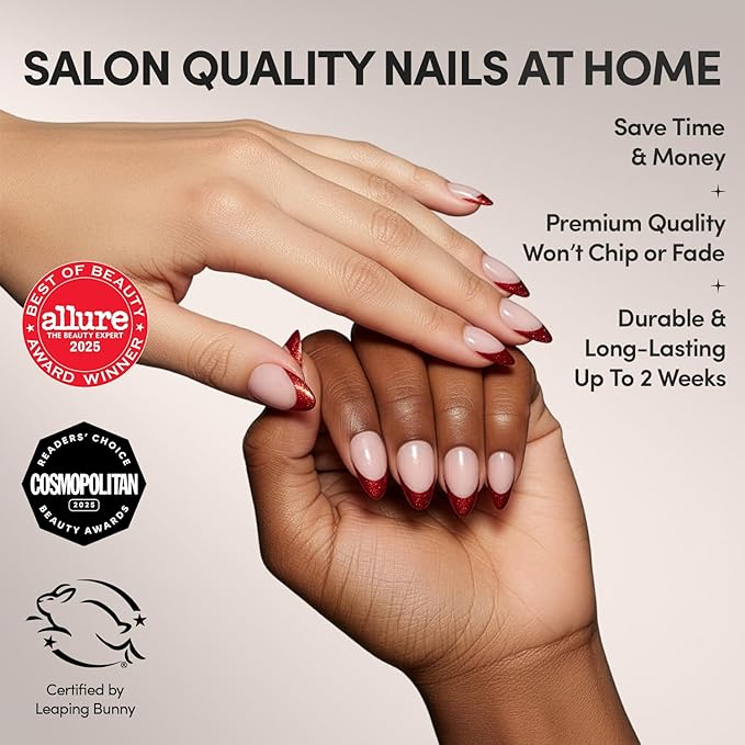 Glamnetic Press On Nails - Red Affair Fake Nails | Short Almond Red Glitter French Tip Nails with a Glossy Finish | 15 Sizes - 30 Nail Kit with Glue
