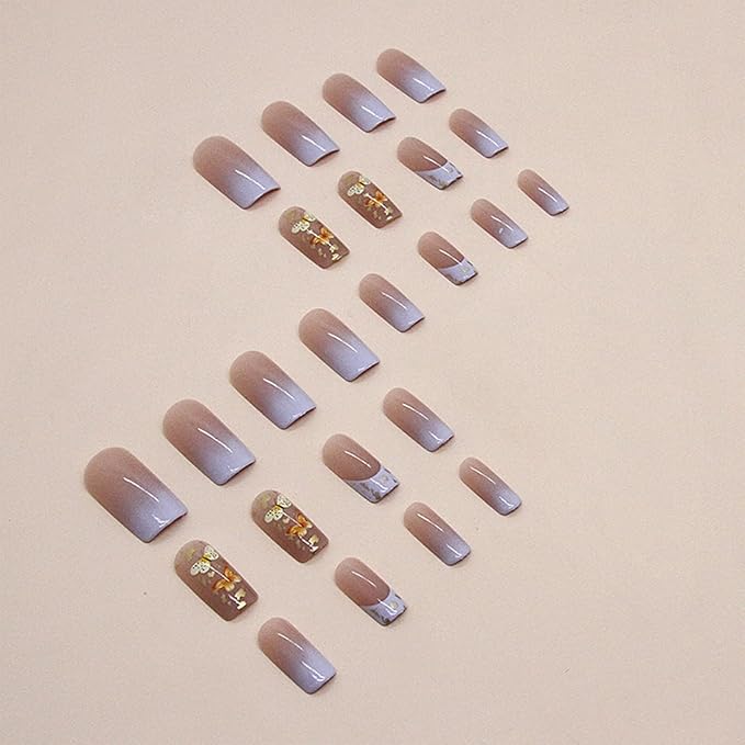 Butterfly Press on Nails Medium Square Fake Nails Purple French Tip False Nails with Designs Gold Foil Gradient Acrylic Glossy Glue on Nail Cute Artificial Stick on Nail for Women Manicure 24Pcs