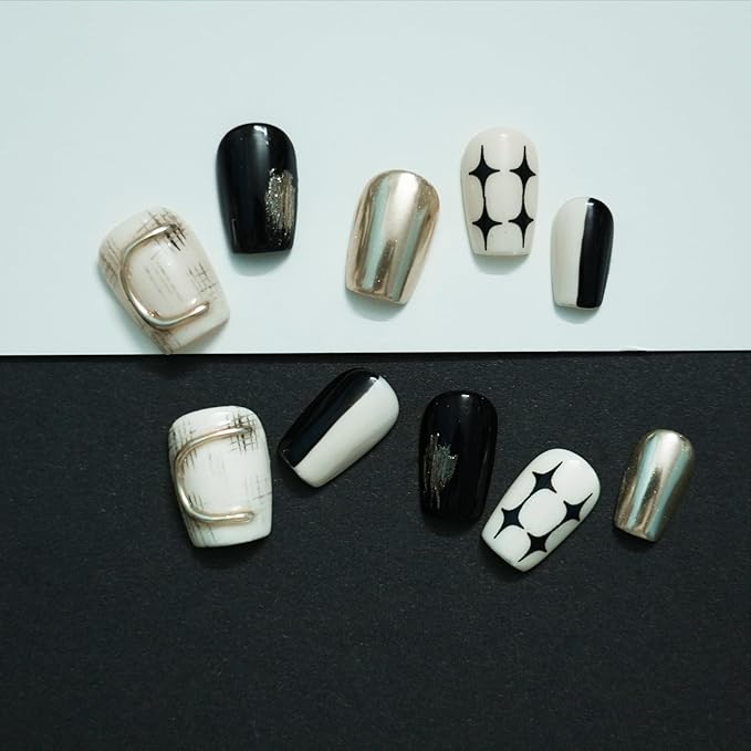 Trendy Press On Nails Black White Gold - 3D Short Square Nails Metallic Glitter Glossy Reusable Gel Press on Acrylic Fake Nail for Daily Nail Art (Starry Glow,S)