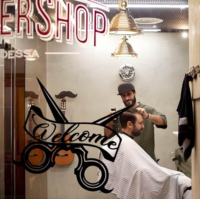 SUPERDANT Welcome Barber Wall Stickers Scissor Design Vinyl Wall Decal Barbershop Art Wallpaper Barber's Store DIY Decoration Window Door Decal 23.6x22.4in