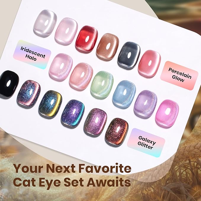 beetles Gel Polish Golden Mirage Cat Eye Gel Nail Polish Set - 6 Colors Glitter Gel Nail Polish Kit Pink Red Green Blue Brown Magnetic Shine Soak Off UV Salon DIY Manicure Gift for Women
