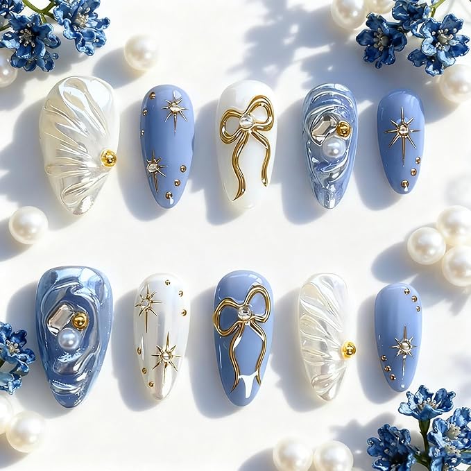 24pcs Blue Press on Nails Medium Almond Fake Nails with 3d Gold Bow Star Rhinestones Designs Glue on Nails Blue Full Cover Artificial False Nails Reusable Acrylic Nail for Women Nail Decor Supplies