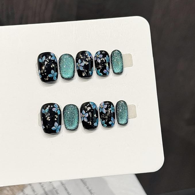 Handmade Nails Square Shape Cool Chic Style Black Base Blue Floral Patterns Glitter Embellishments Smooth Glossy Surface Fashion Manicure Easy Wear Press on Nails 10 pcs (S)