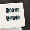 Handmade Nails Square Shape Cool Chic Style Black Base Blue Floral Patterns Glitter Embellishments Smooth Glossy Surface Fashion Manicure Easy Wear Press on Nails 10 pcs (S)
